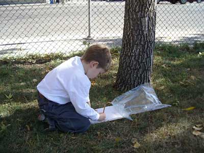 Figura 12. Niños haciendo apuntes sobre los árboles en el jardín de la escuela. 