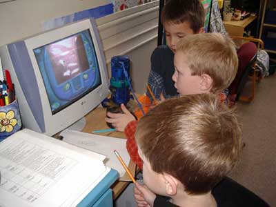 Figura 13. Niños mirando hojas bajo un microscopio. 