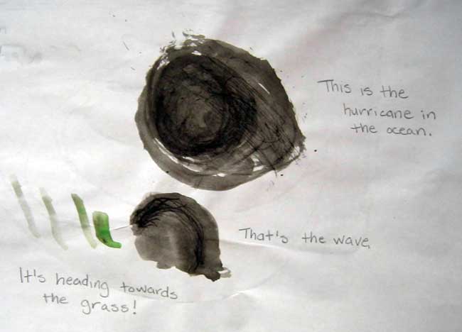 Figure 7. Tori painted a picture of a hurricane and a wave heading toward the grass.